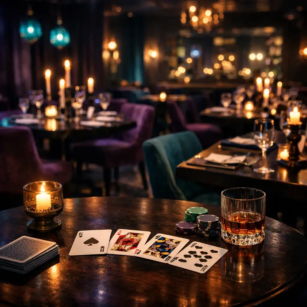 Salle de restaurant élégante avec tables dressées, bougies et jeux de cartes