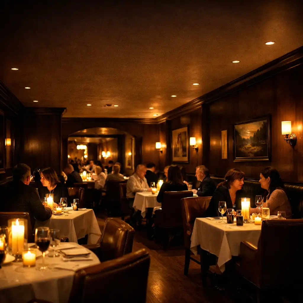 Vue d'ensemble du restaurant à la lueur des bougies