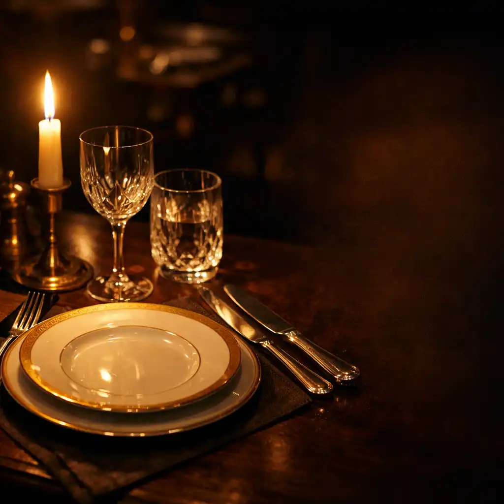 Table de restaurant dressée, éclairée par une bougie