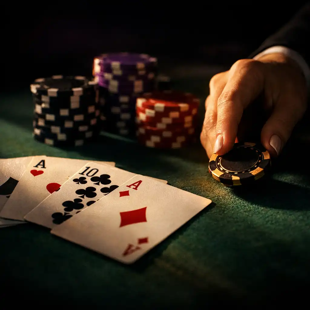 Gros plan sur des cartes à jouer et des jetons de poker sur une table en feutre vert foncé, avec une main élégante qui avance un jeton.