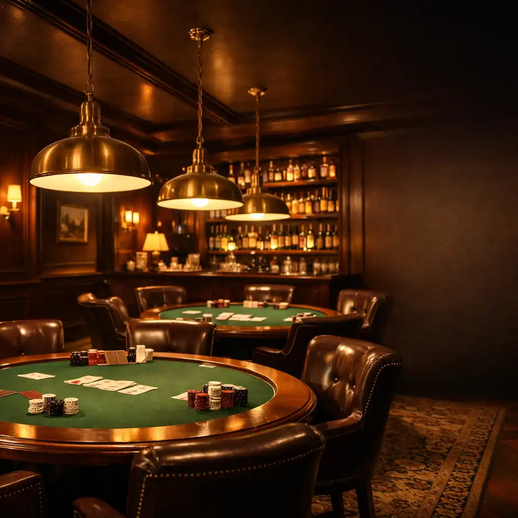 Intérieur feutré du card-room avec tables de poker en bois sombre