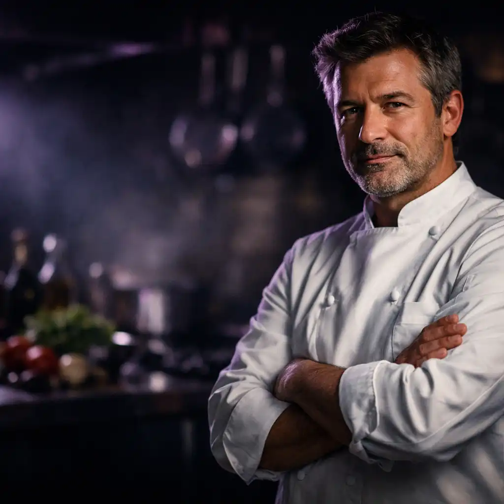 Chef cuisinier en veste blanche dans sa cuisine, bras croisés