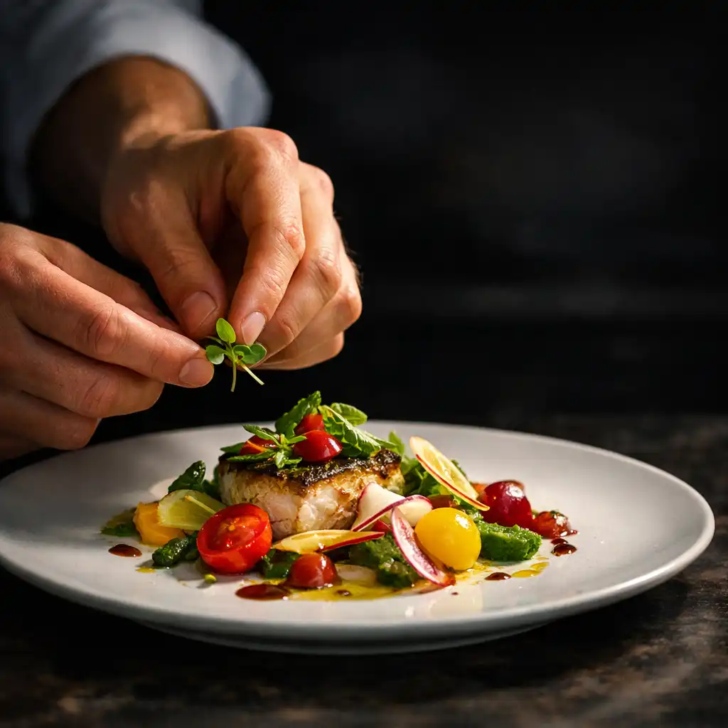 Mains d'un chef dressant un plat avec précision