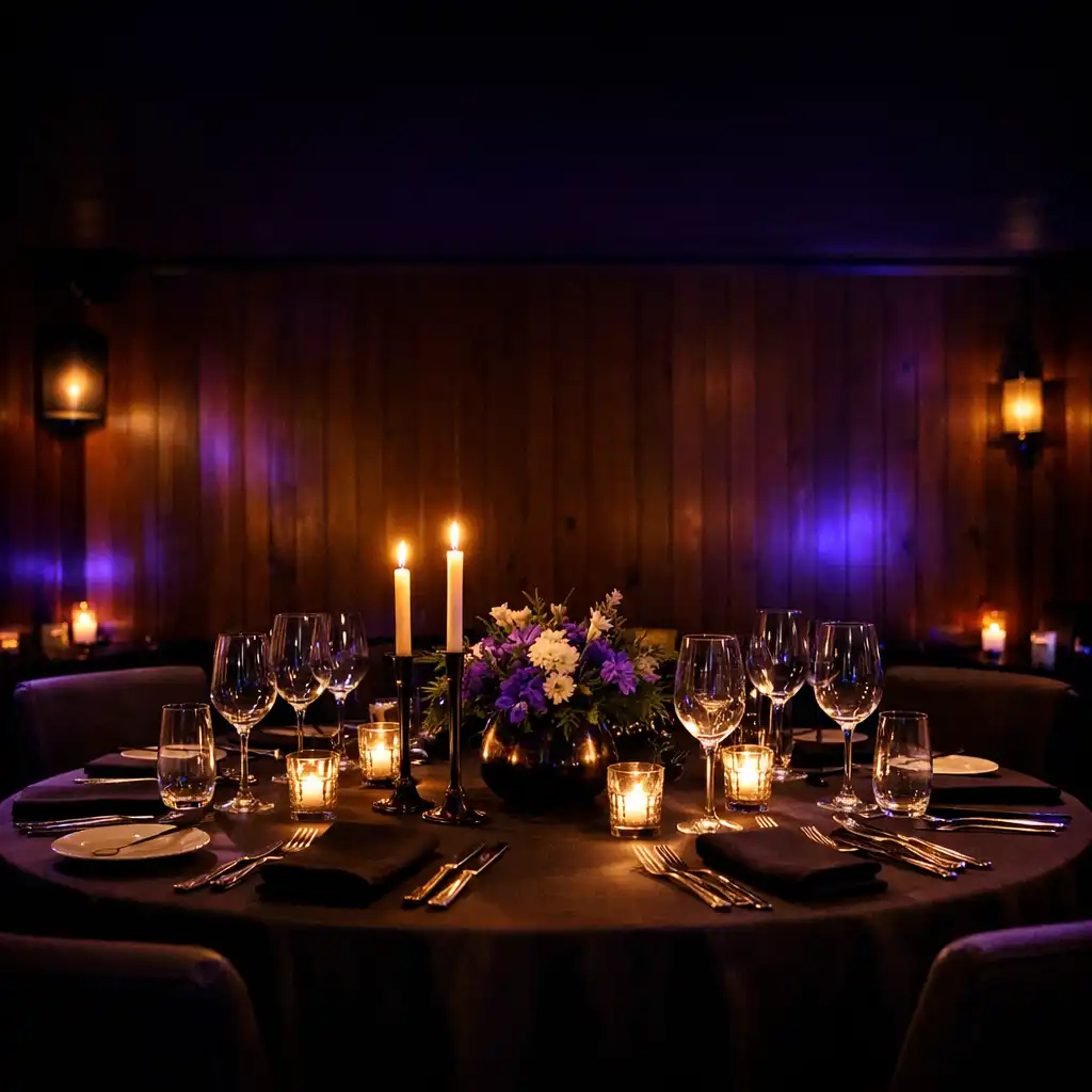 Table dressée pour un dîner privé dans une salle sombre et élégante