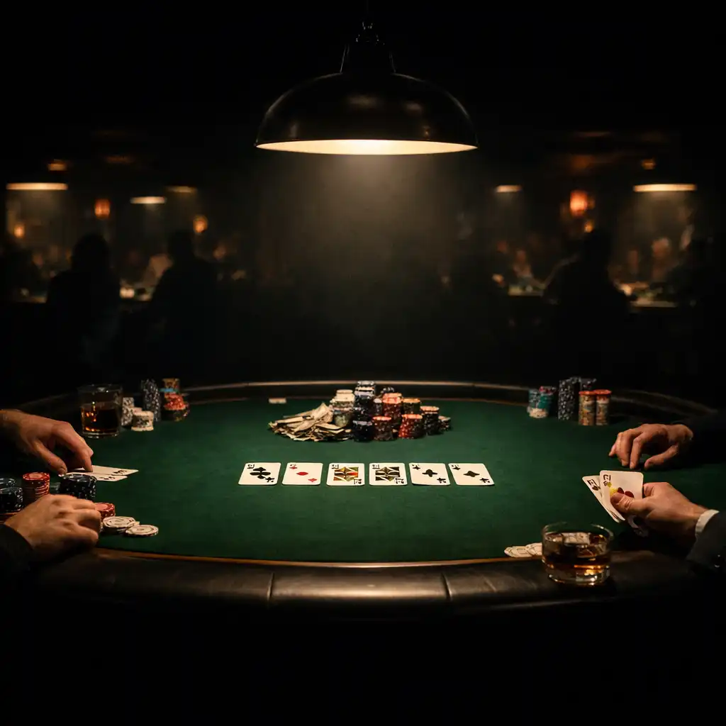Table de poker éclairée par une lampe suspendue, ambiance dramatique