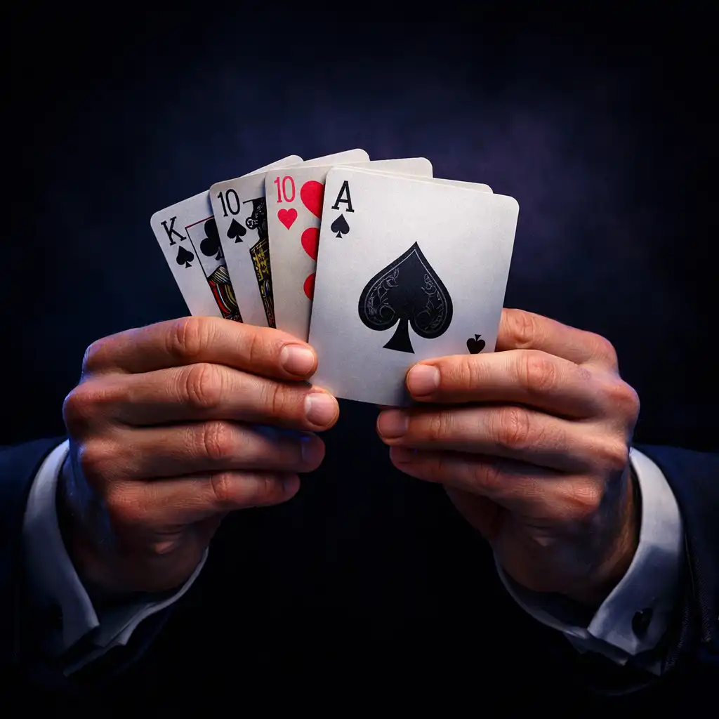Deux mains tenant des cartes à jouer, vues de face, sur fond sombre, avec des manches de chemise élégantes.