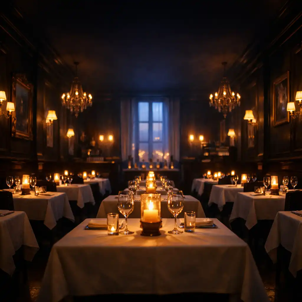 Intérieur de restaurant éclairé aux bougies, ambiance cinématographique