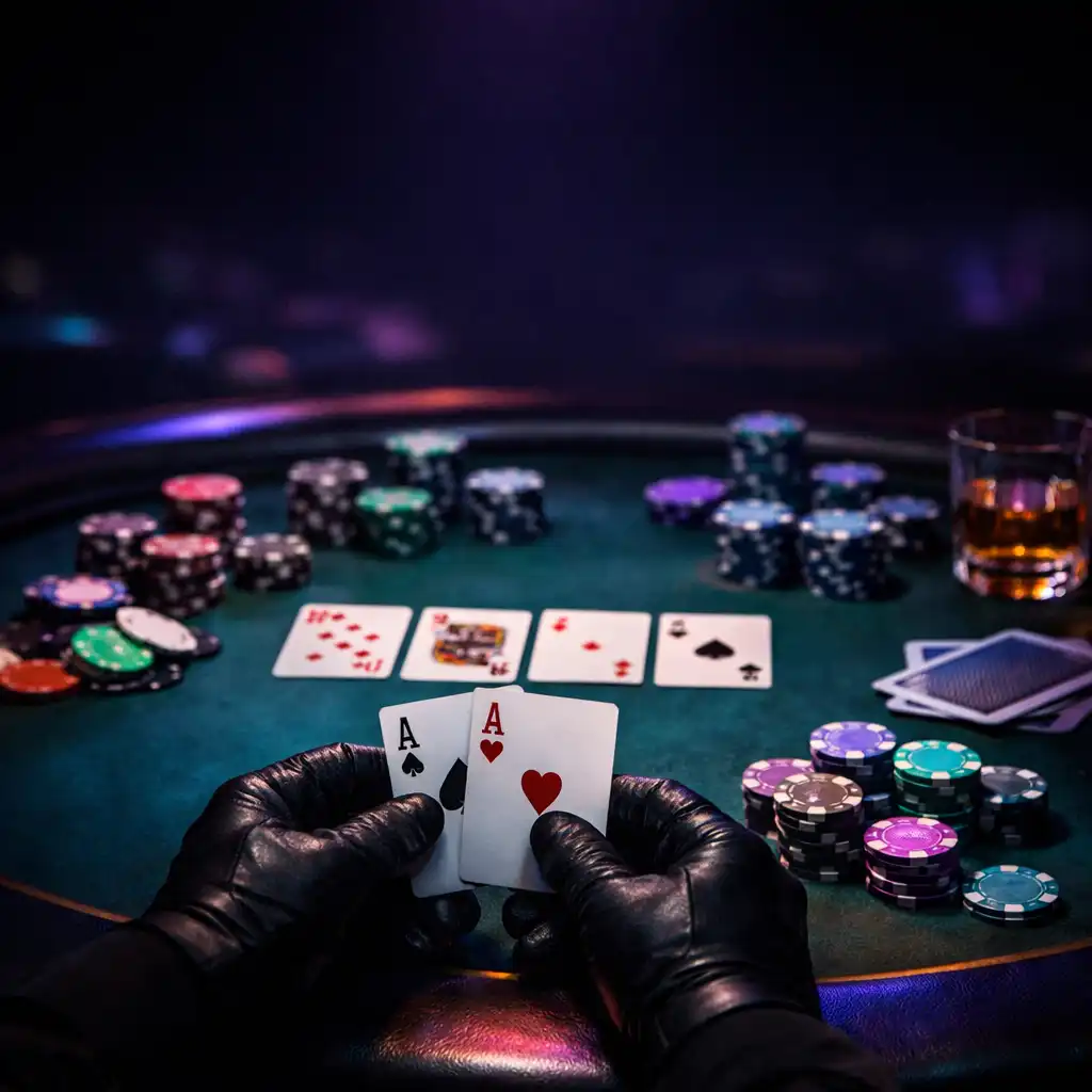 Table de poker élégante dans un card-room sombre, éclairée par une lumière tamisée, avec des cartes et des jetons disposés avec soin.
