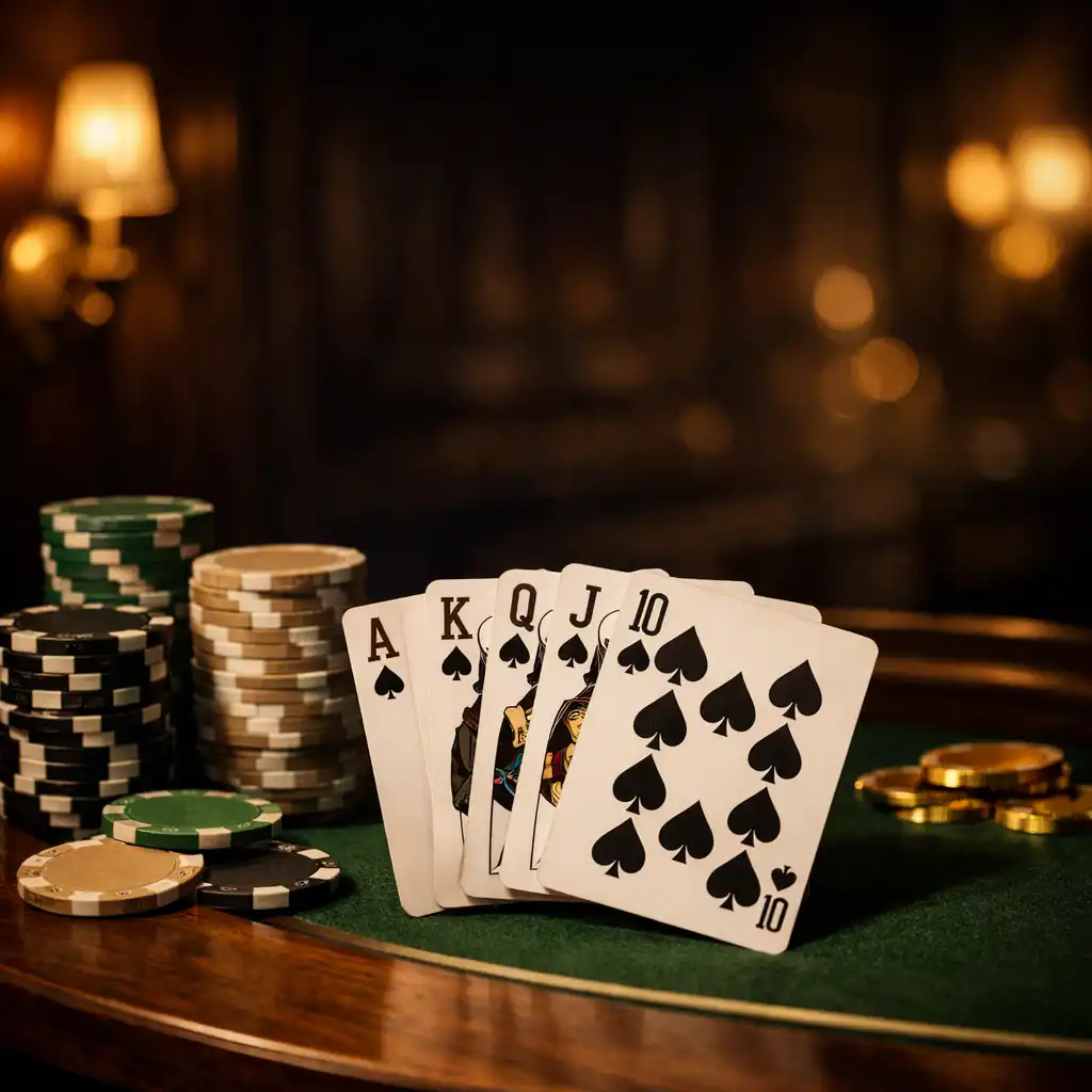 Table de poker en noyer éclairée par une lumière tamisée