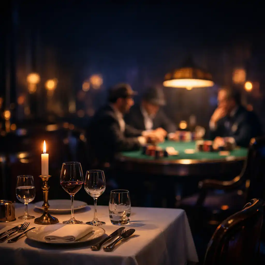 Table élégante d'un restaurant français la nuit, avec une table de poker floutée en arrière-plan
