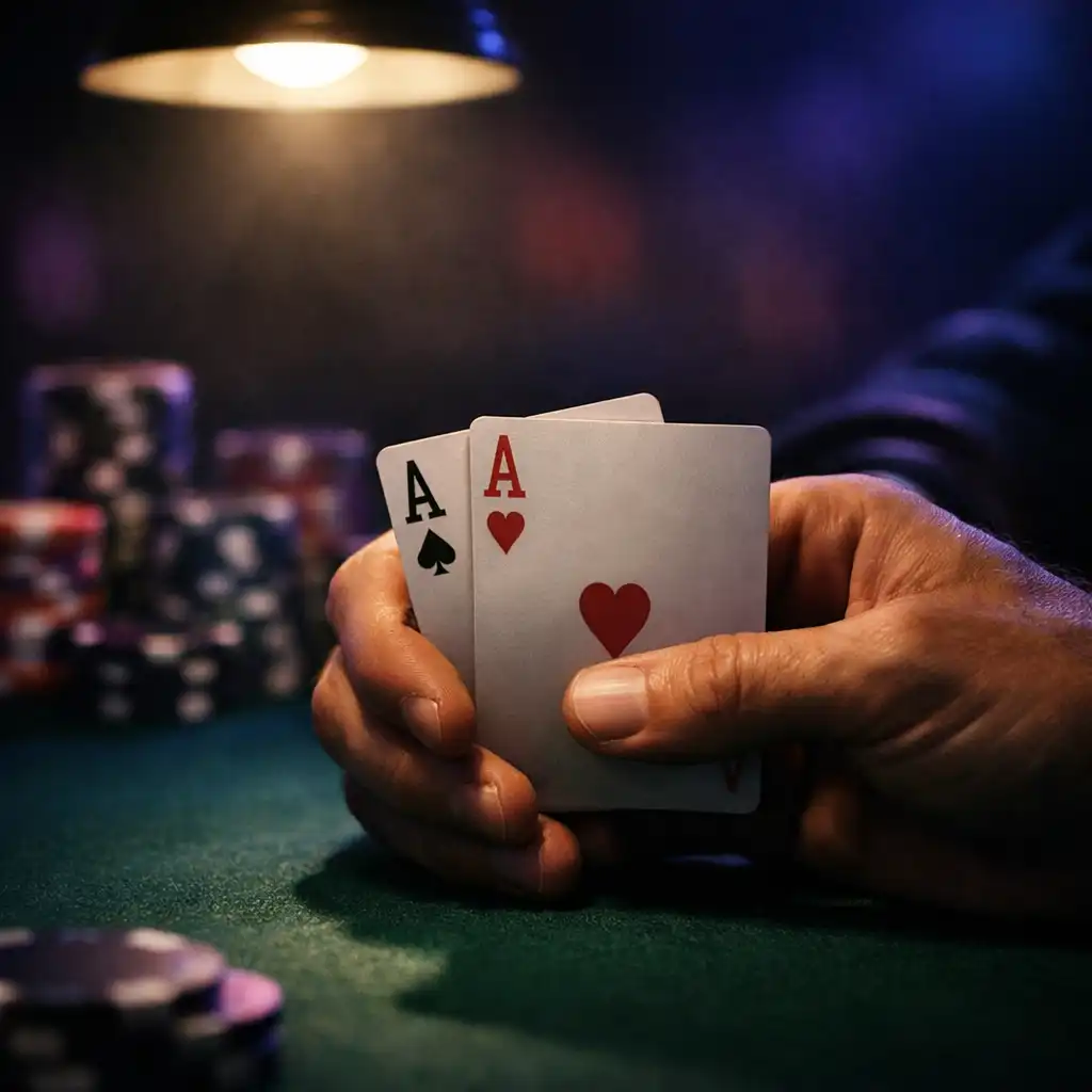 Mains tenant des cartes sur une table de poker feutrée
