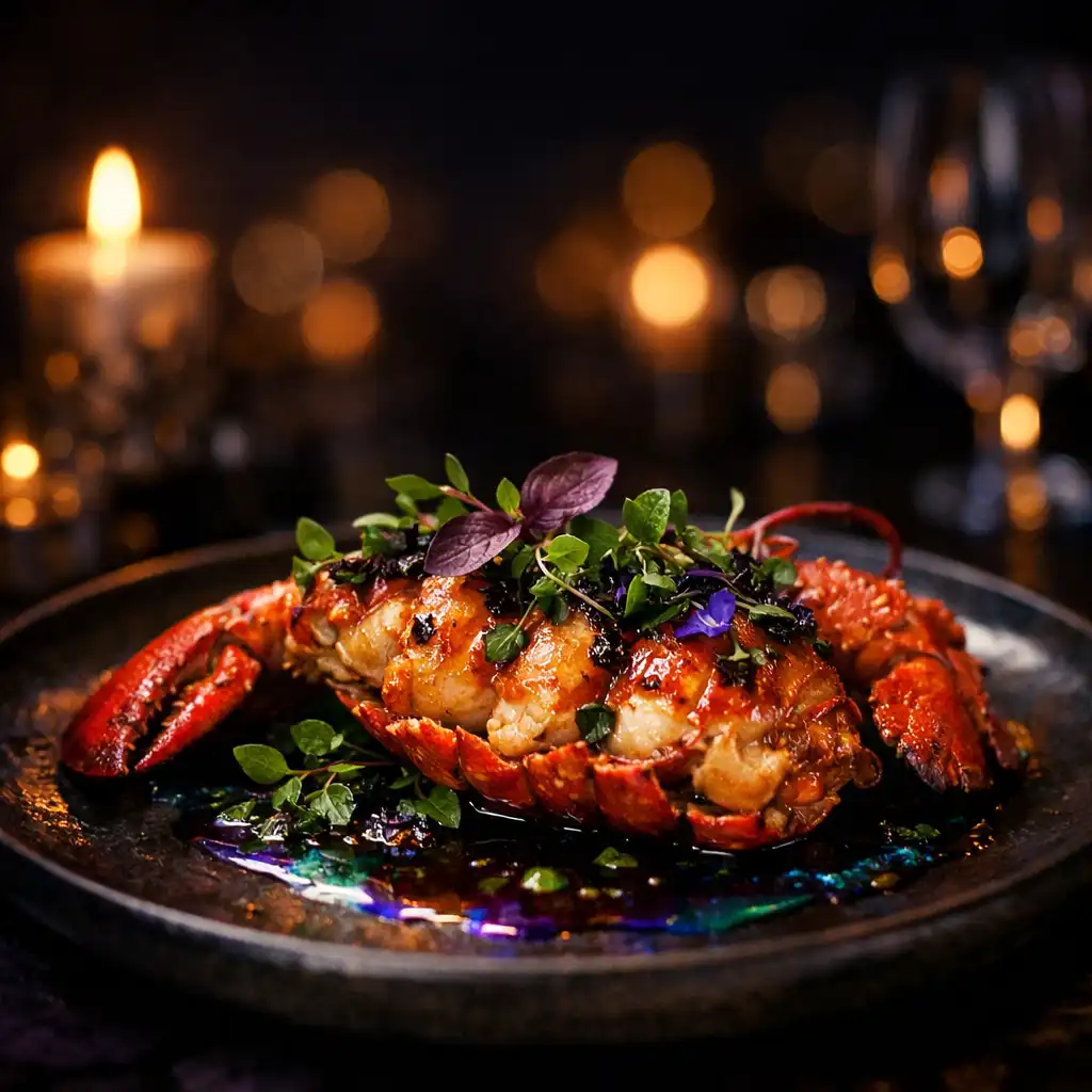 Plat signature de homard rôti éclairé à la bougie sur une table sombre