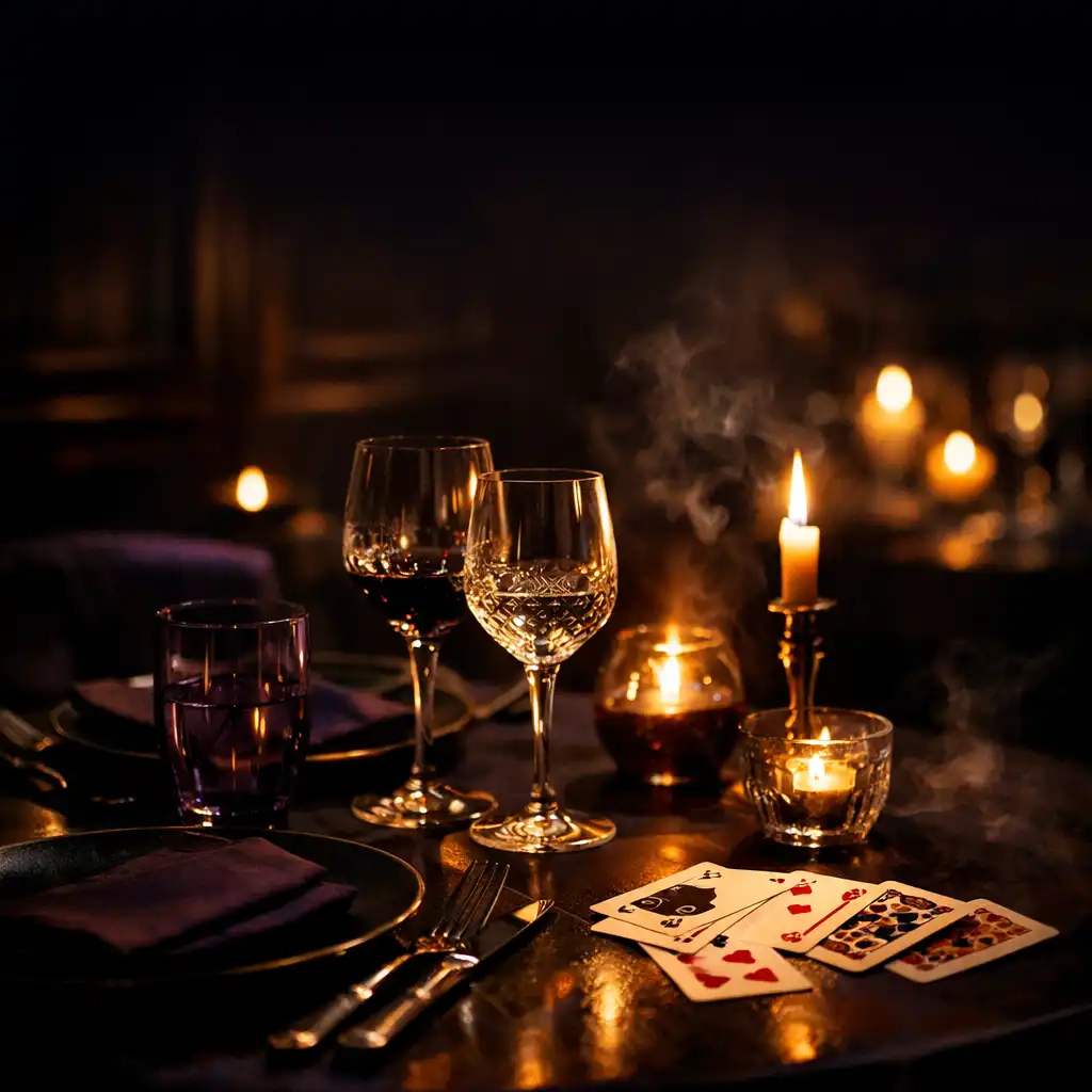 Table de restaurant élégante éclairée aux bougies avec des verres à vin et des cartes à jouer