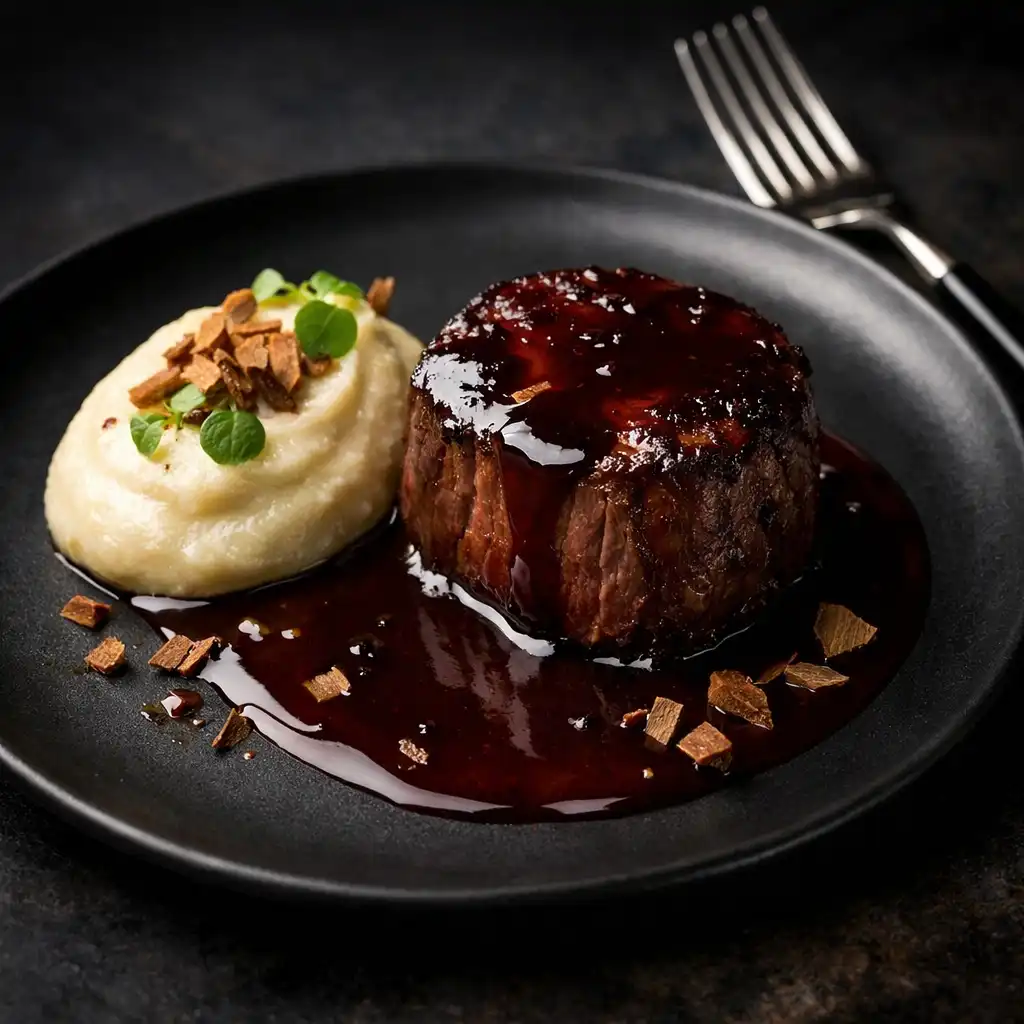 Plat signature de l'Atelier du Cèdre : filet de bœuf sauce au vin rouge et purée de céleri