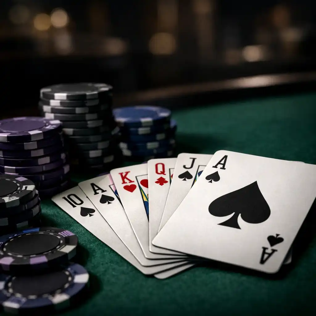 Détail d'une table de poker en feutre vert avec des cartes à jouer et des jetons sombres