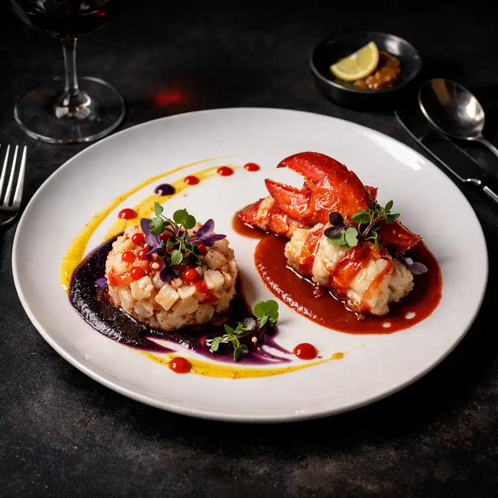 Assiette de homard en deux services avec sauce colorée et micro-pousses