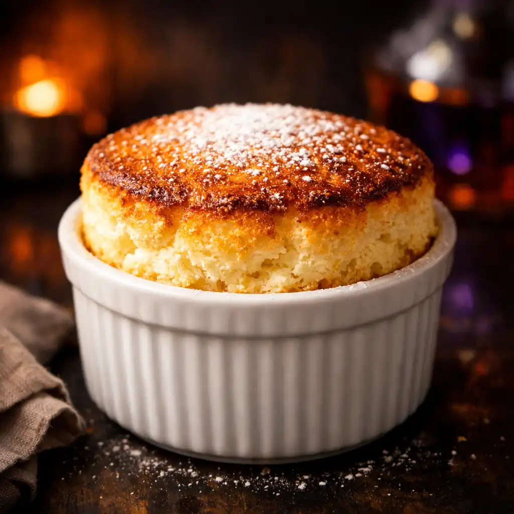Soufflé au Grand Marnier doré dans un ramequin en porcelaine