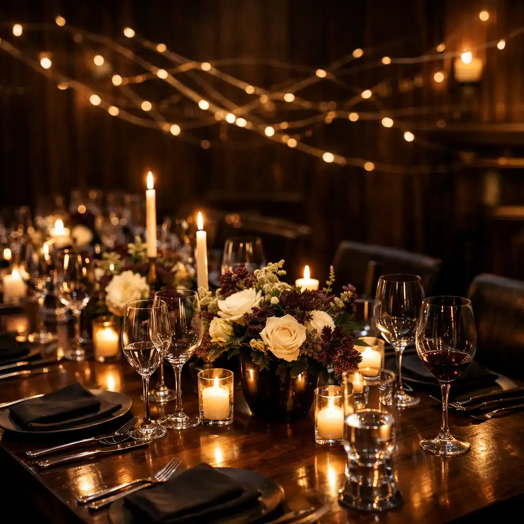 Table de restaurant dressée pour un événement privé avec bougies et compositions florales